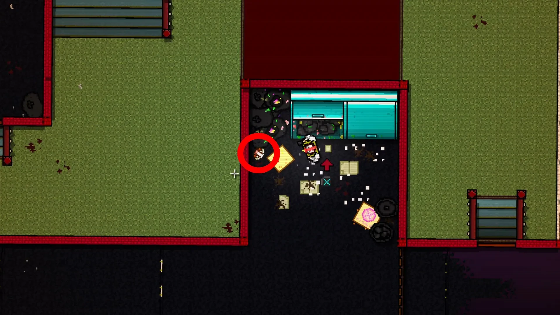 Hotline Miami screenshot showing the Russel mask next to a dumpster.