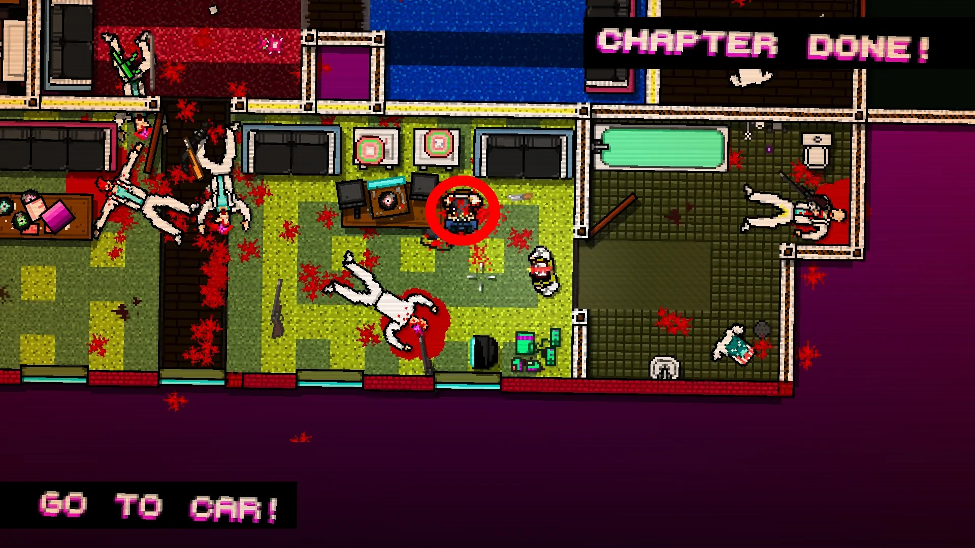 Hotline Miami screenshot showing a chaotic scene. One body, wearing a walrus mask, has been circled.