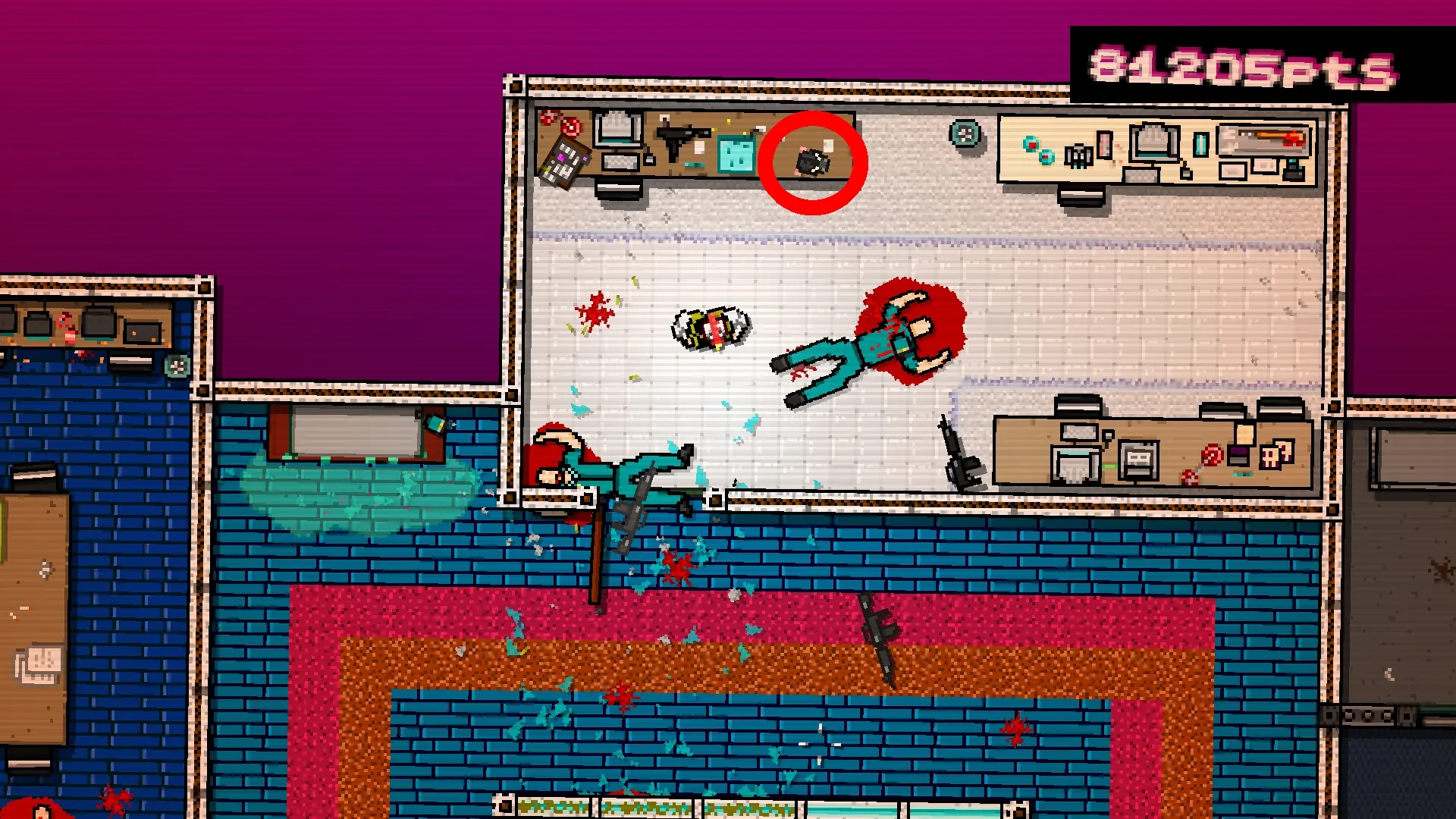 Hotline Miami screenshot showing a rat mask among other evidence in a police station