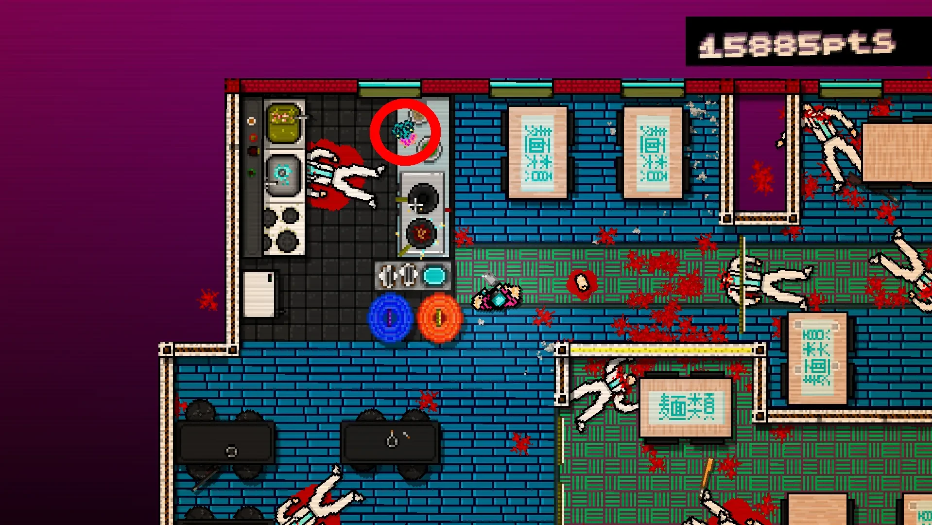 Hotline Miami screenshot showing an octopus mask on a kitchen counter