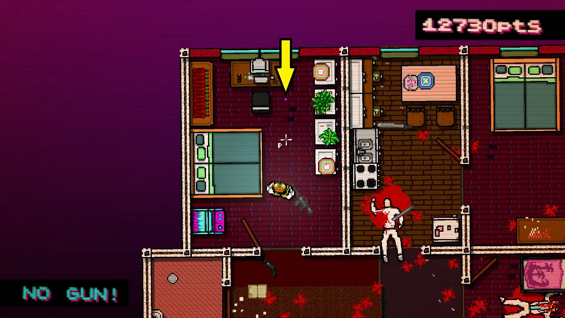 Hotline Miami screenshot showing the player standing near a puzzle piece