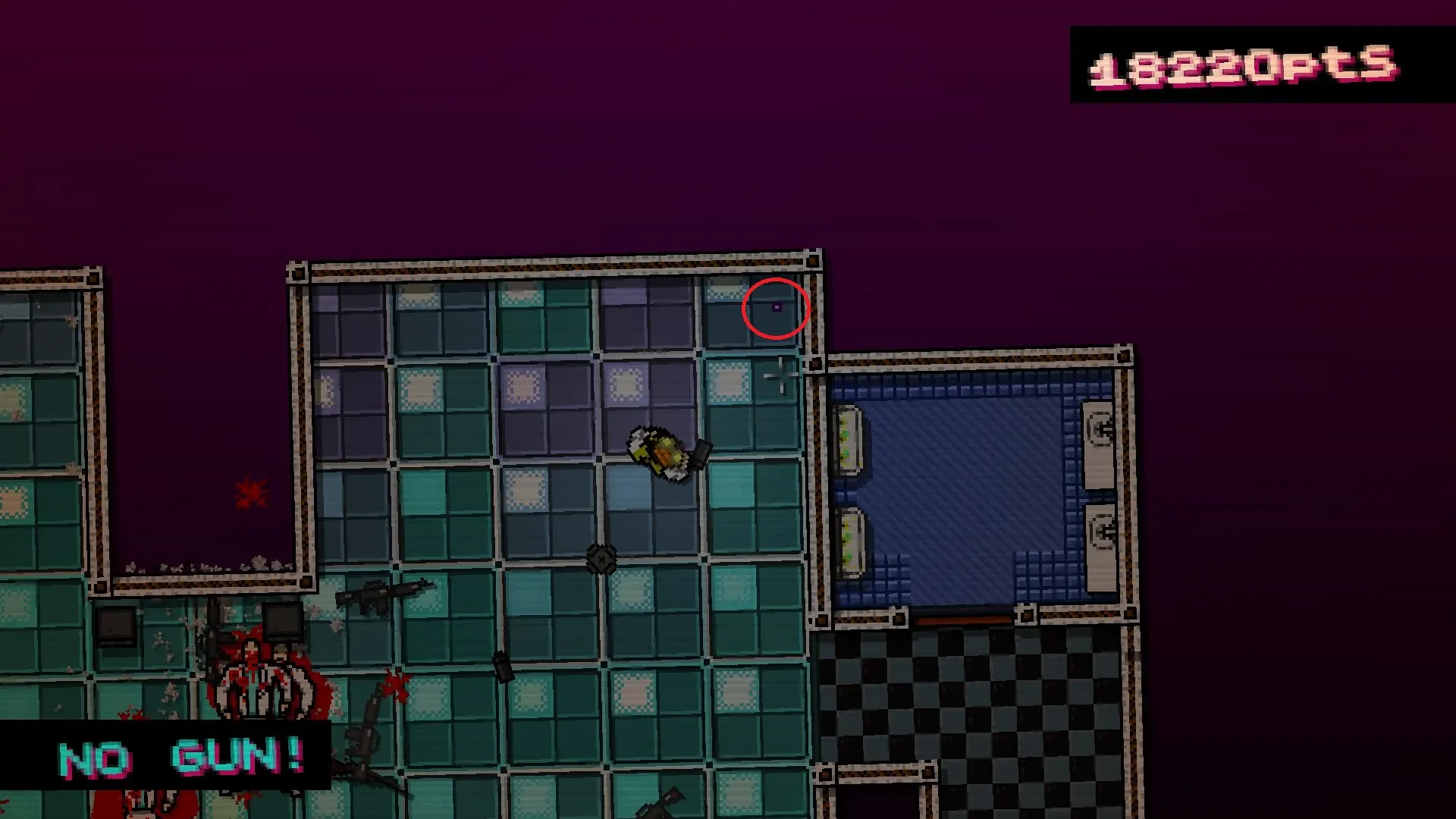 Hotline Miami screenshot showing the player standing near a puzzle piece