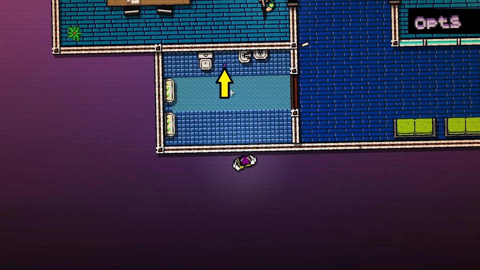 Hotline Miami screenshot showing the player character standing near a puzzle piece