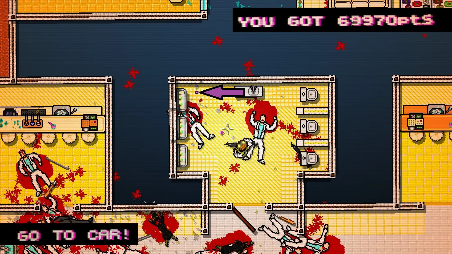 Hotline Miami screenshot showing the player character standing near a puzzle piece