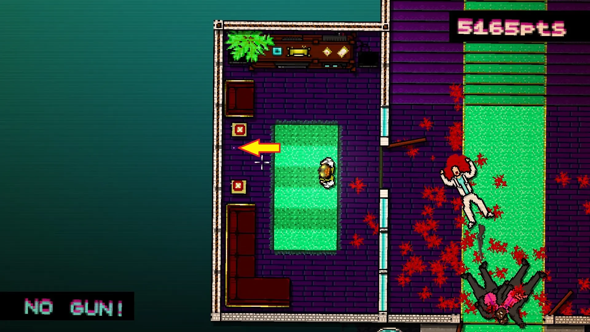 Hotline Miami screenshot showing the player character standing near a puzzle piece