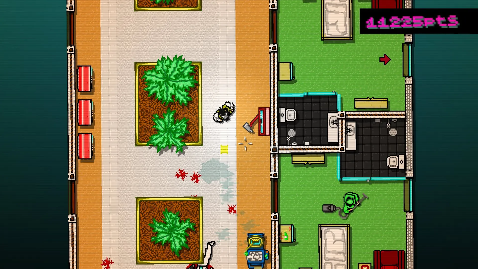 Hotline Miami screenshot showing a character standing near an axe in a corridor