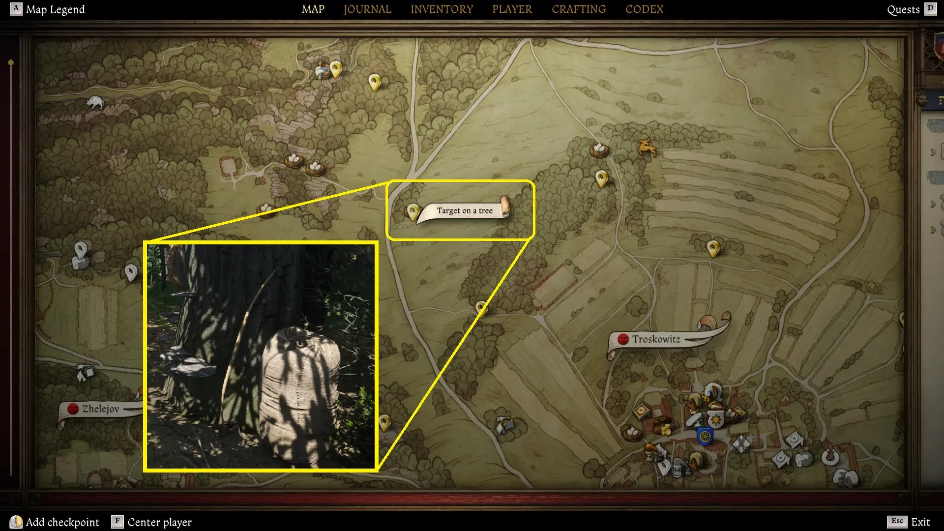 Screenshot of the Kingdom Come Deliverance 2 map with the 'target on a tree' place of interest highlighted