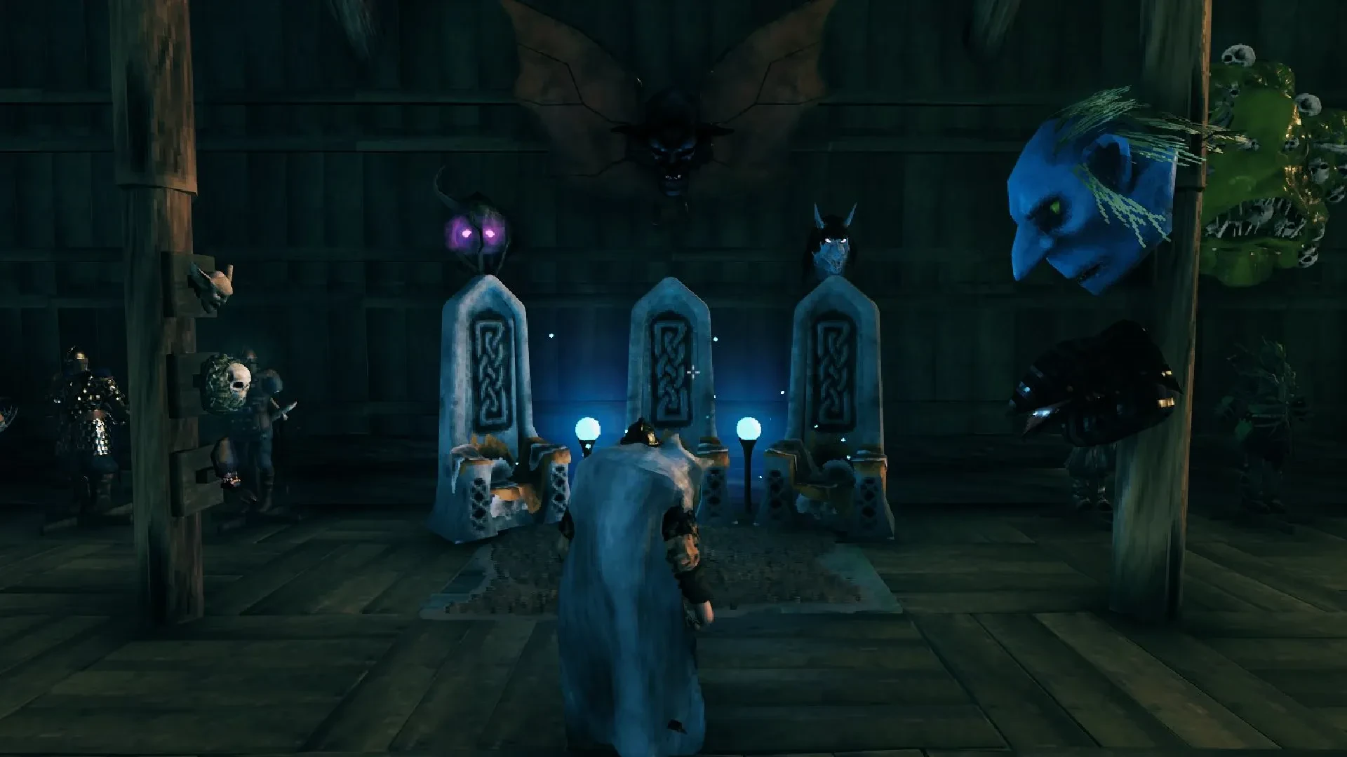 Pictured: Stone thrones, wisp lights, and trophies for various creatures and mini-bosses.