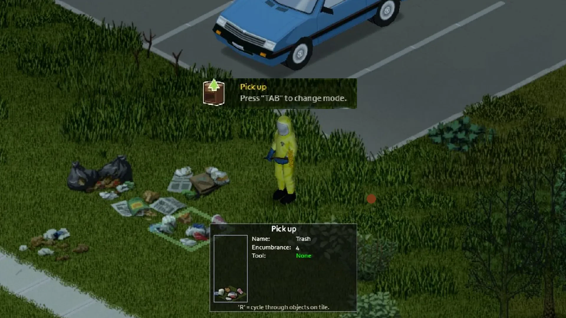 A hazmat suit-wearing character prepares to pick up trash in Project Zomboid.