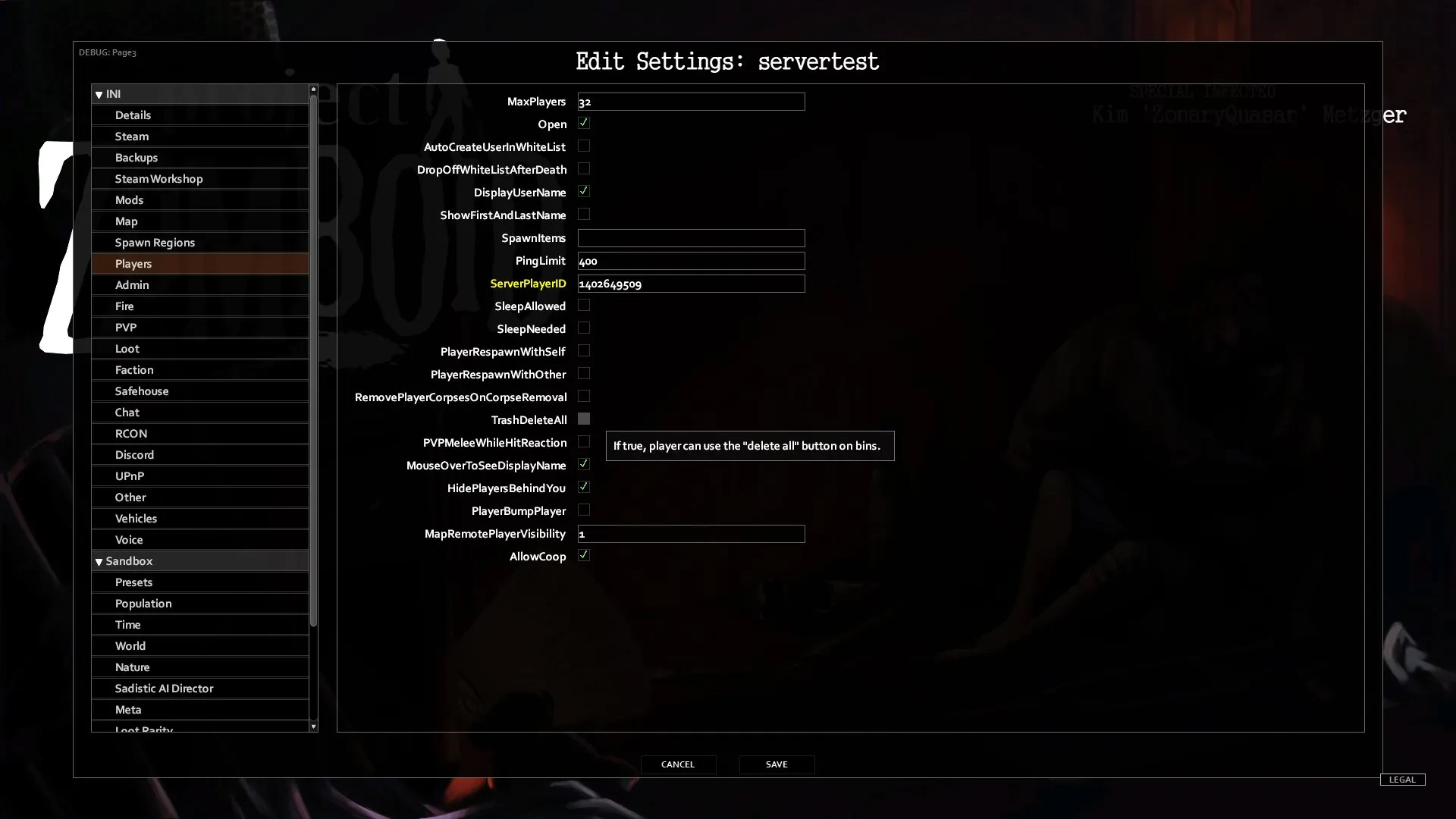 Server settings in Project Zomboid. Players tab is highlighted with TrashDeleteAll box hovered over.