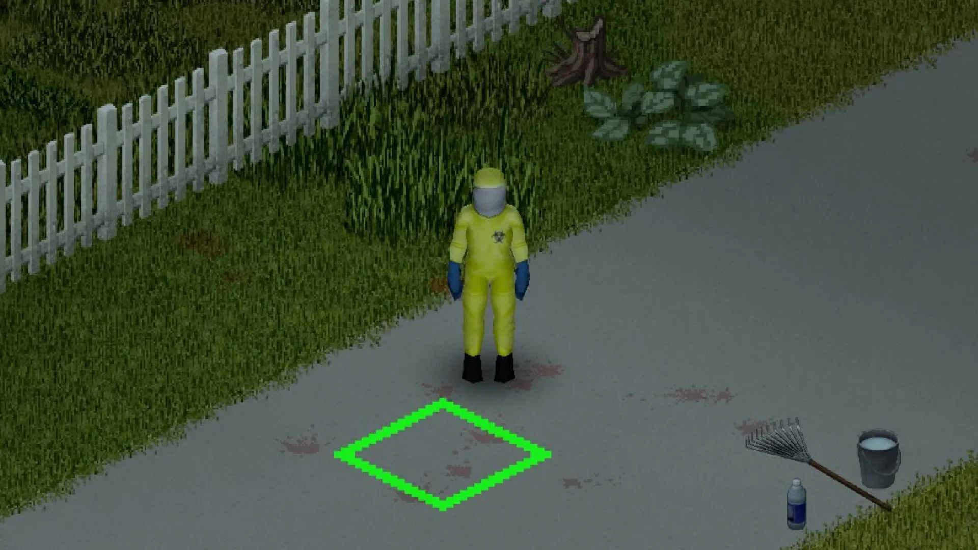 Project Zomboid character standing near some blood