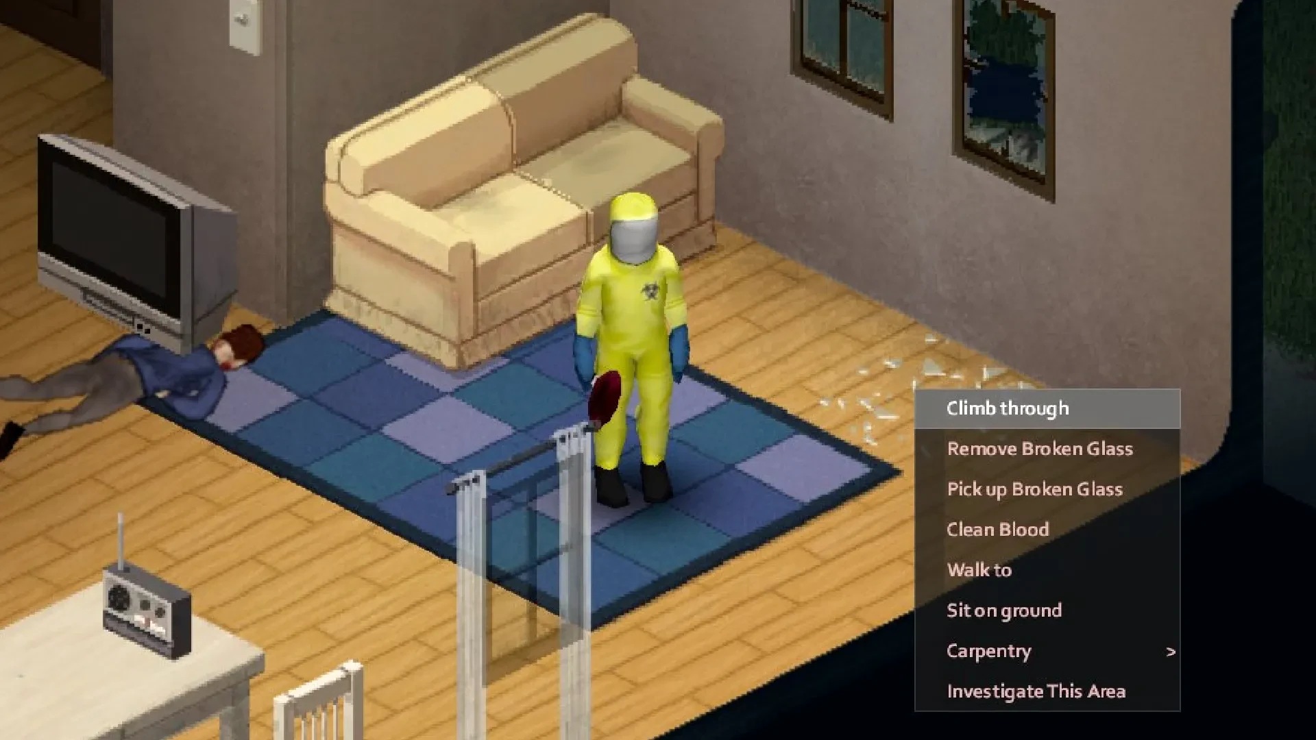 Project Zomboid character standing near a broken window