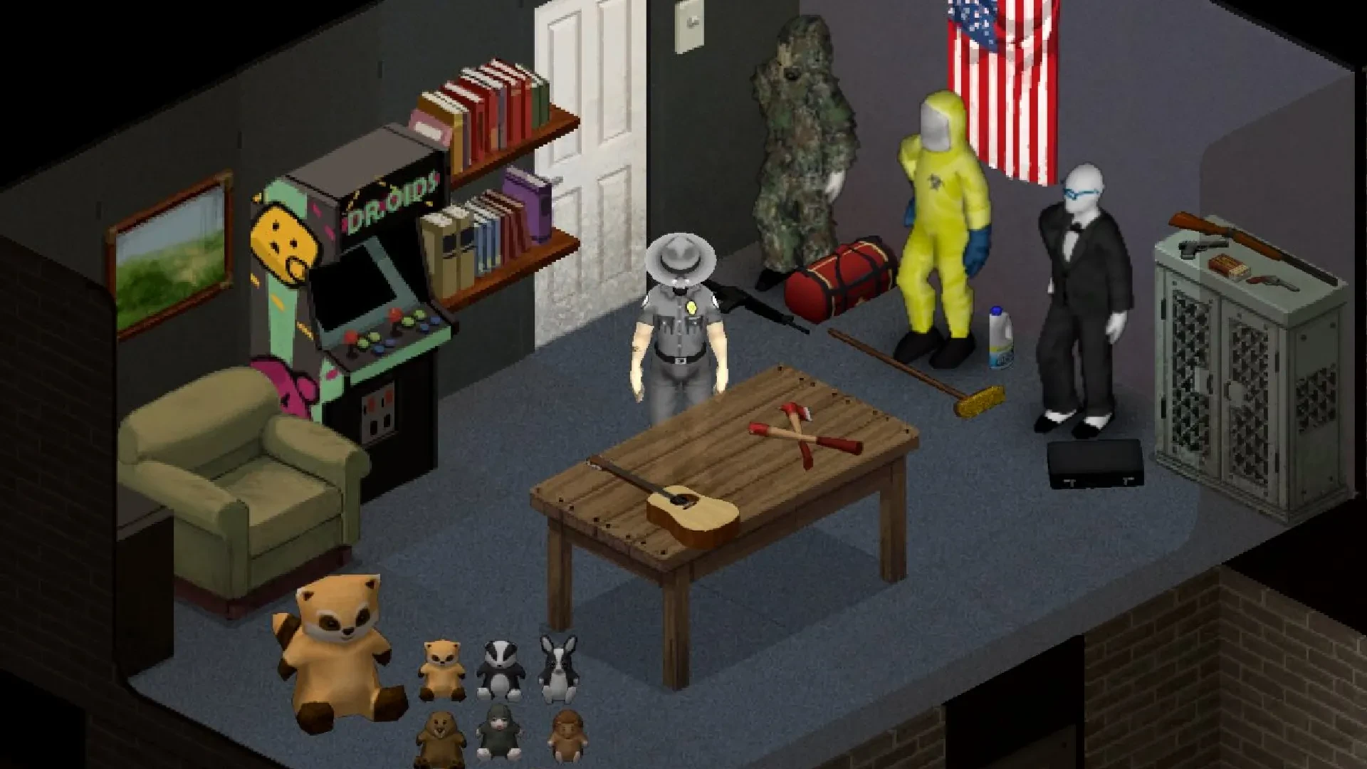 Project Zomboid character in a well decorated safehouse