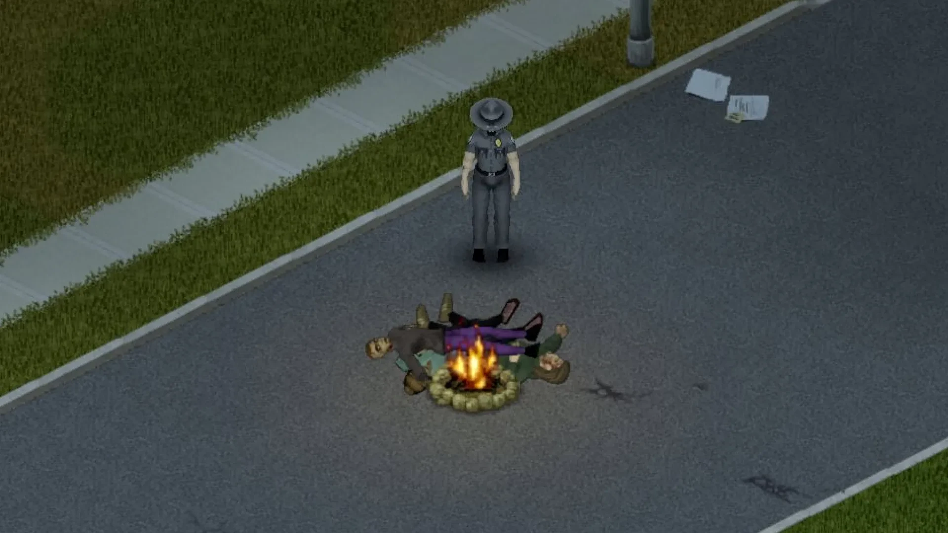 Project Zomboid character burning zombies on a campfire