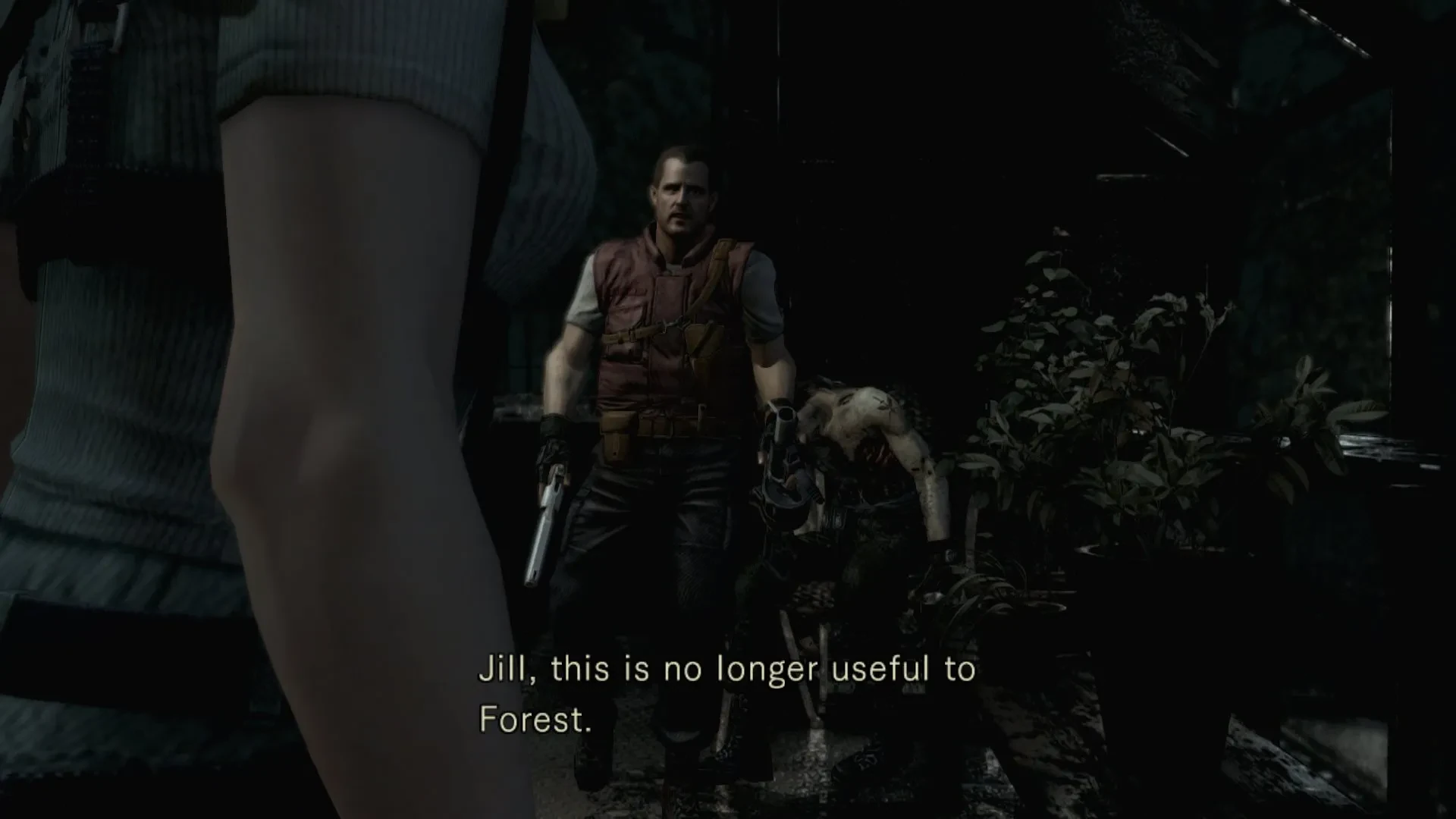 Resident Evil cutscene showing Barry hand Jill the grenade launcher