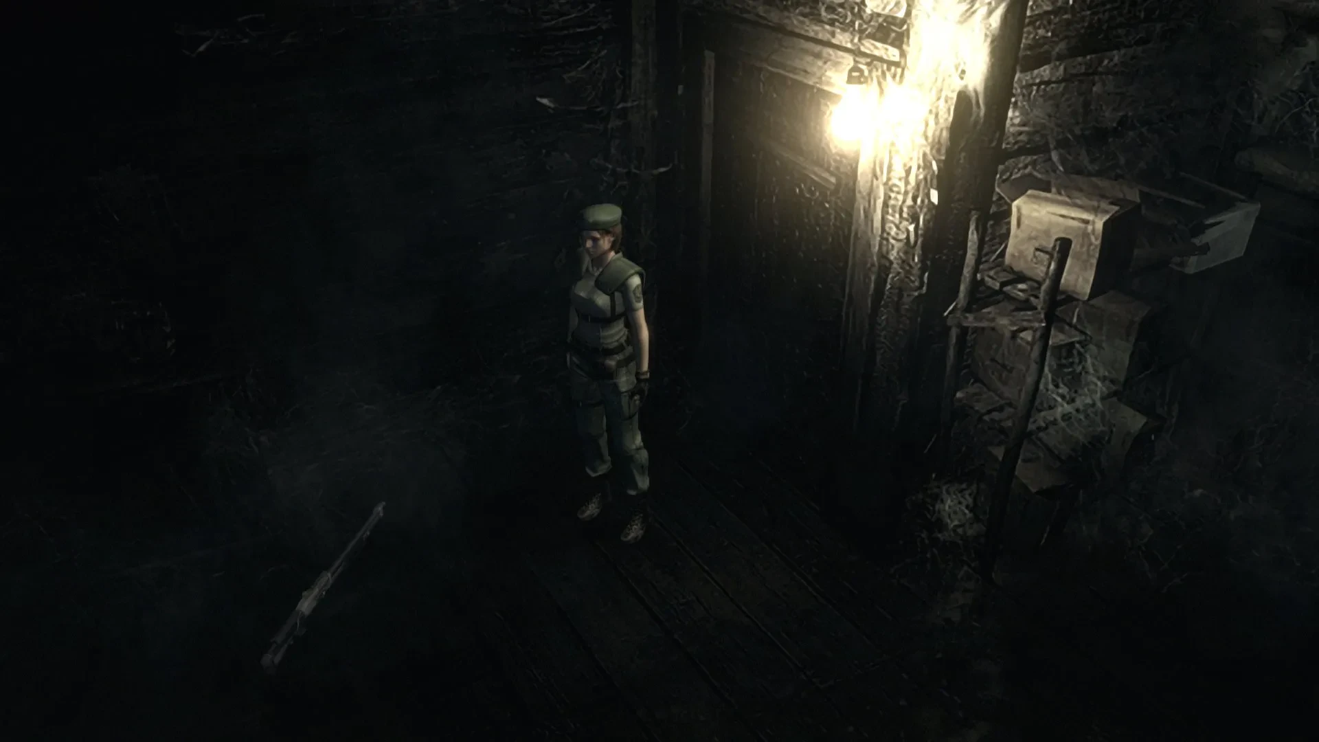 Jill looking at the assault shotgun in Resident Evil