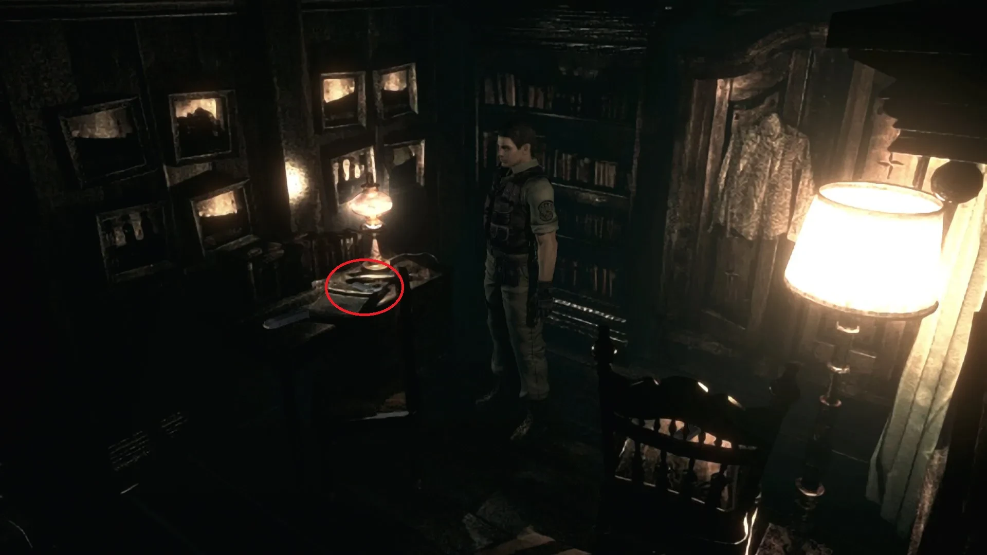 Chris standing near the Self Defense Gun in Resident Evil.