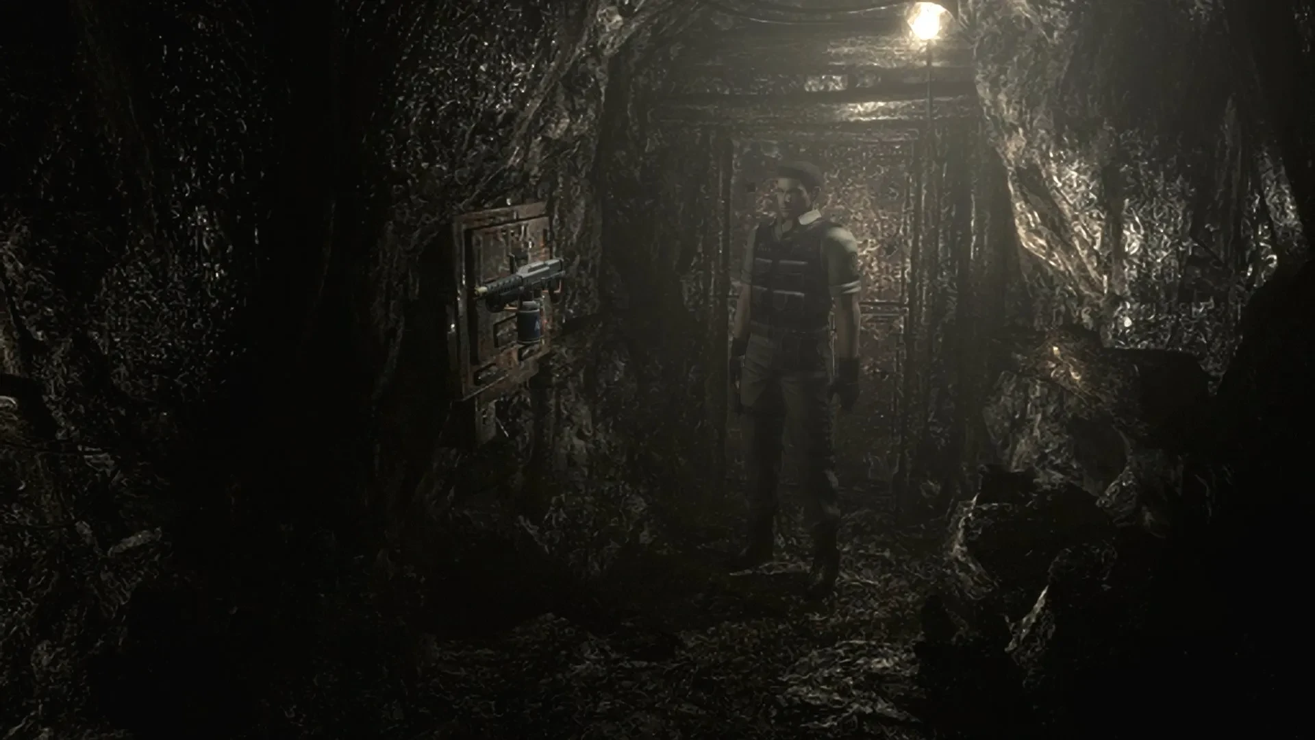 Chris standing near the Flamethrower in Resident Evil