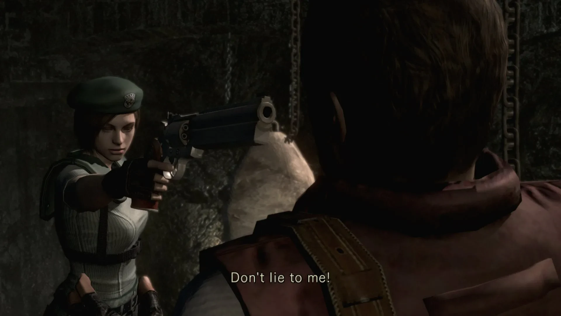 Jill threatening Barry in Resident Evil.