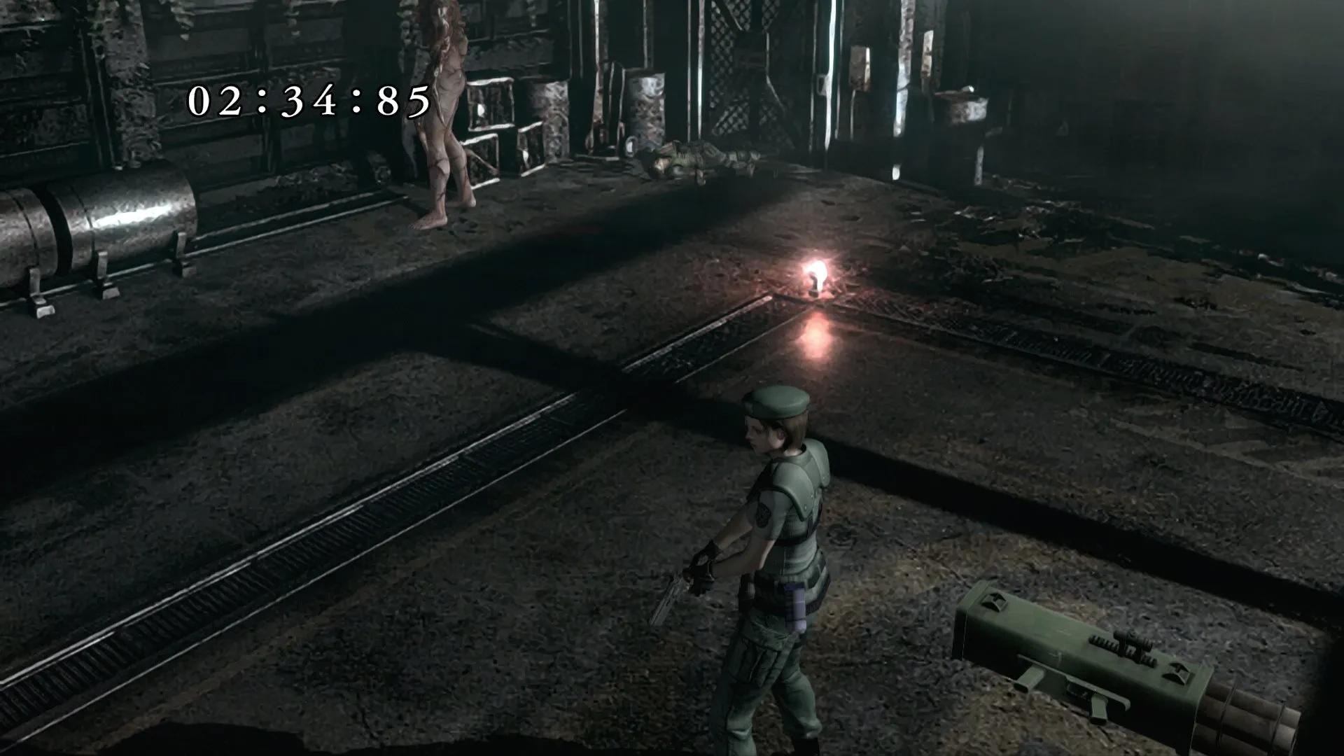 Jill next to a rocket launcher in Resident Evil.