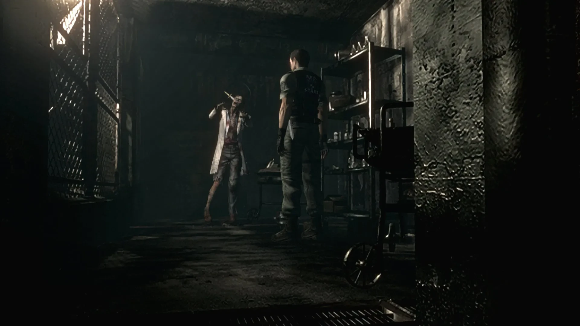 Chris looking at a zombie with a dagger in its head in Resident Evil