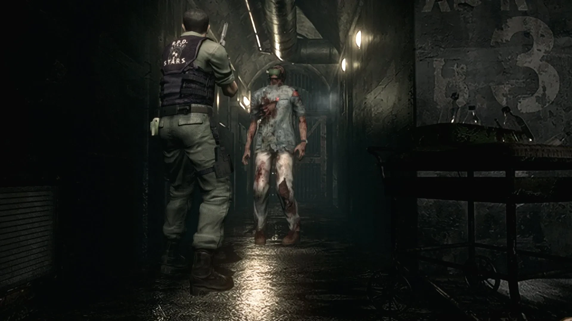 Chris looking at a zombie with a grenade in its mouth in Resident Evil